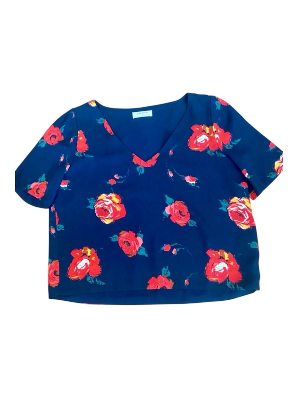 Babaton Aritzia Rose Print Crop Blouse Navy Floral V-Neck Top Size Small